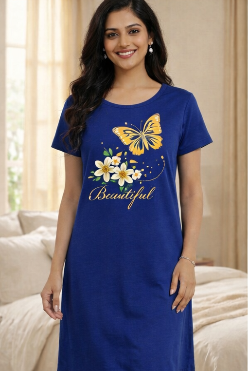 Women's Beautiful Butterfly Printed Nighty | Soft Comfortable Night Dress | Royal Blue
