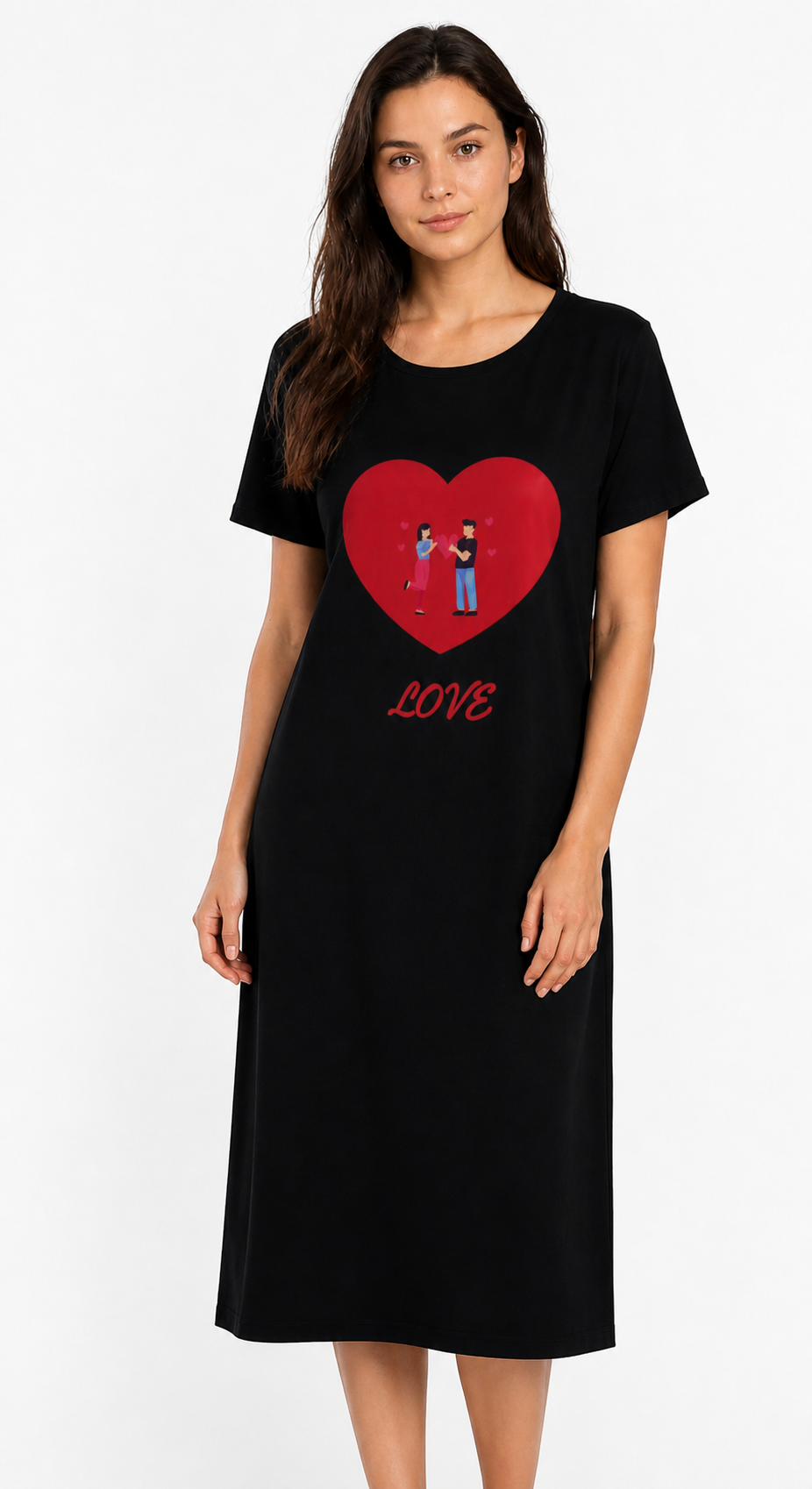 Women's Black Printed Nighty | Love Heart Graphic Night Dress | Mahalakshmi Trade