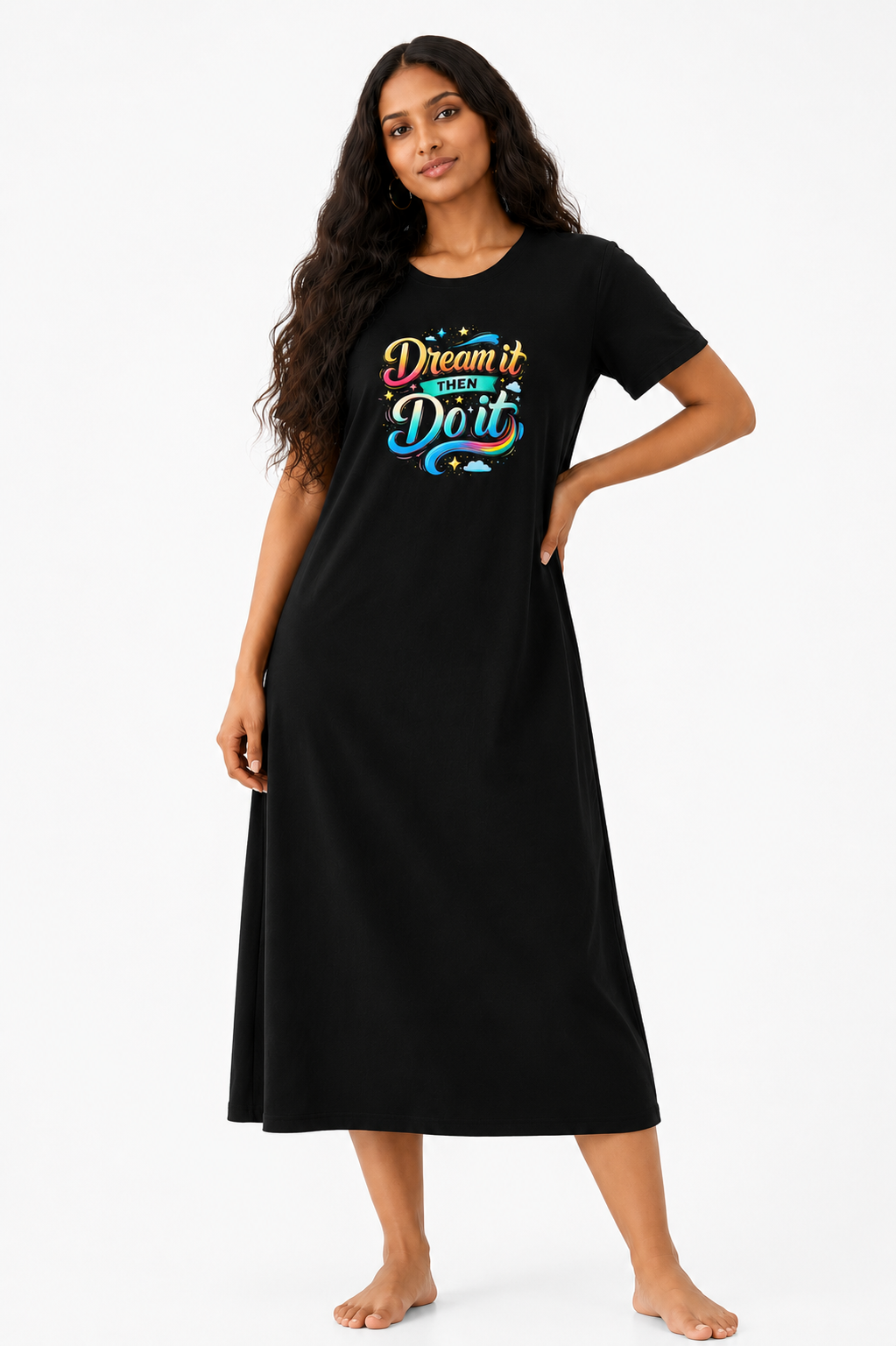 Women's Black Printed Cotton Blend Nighty – Dream It Then Do It Graphic Lounge Wear