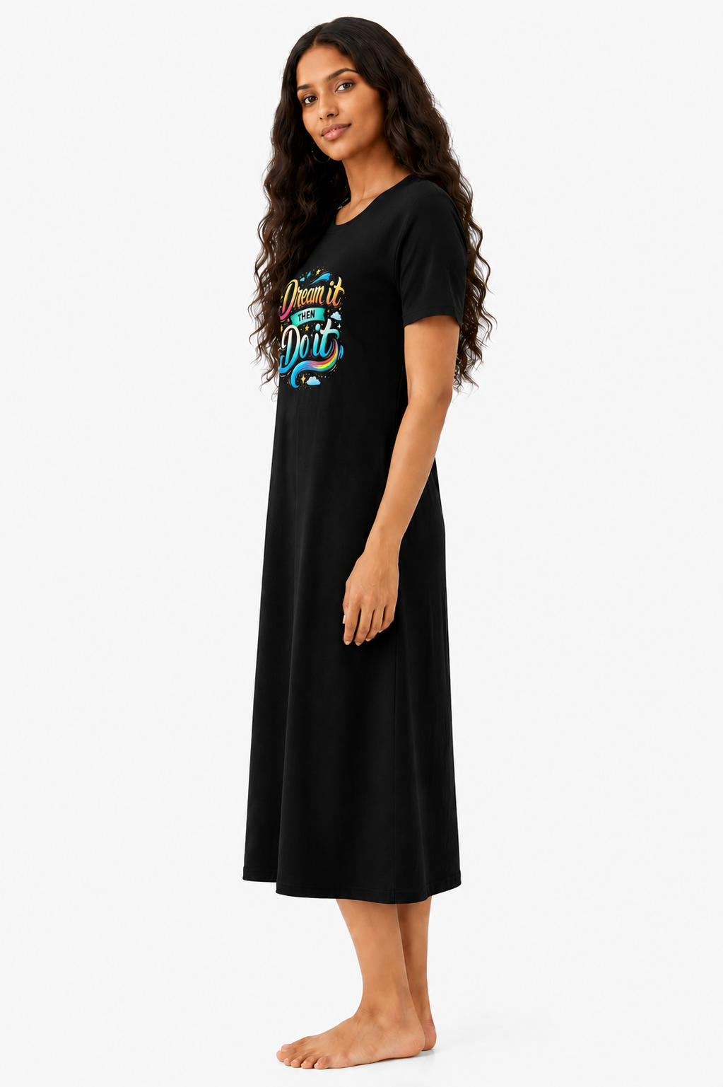 Women's Black Printed Cotton Blend Nighty – Dream It Then Do It Graphic Lounge Wear