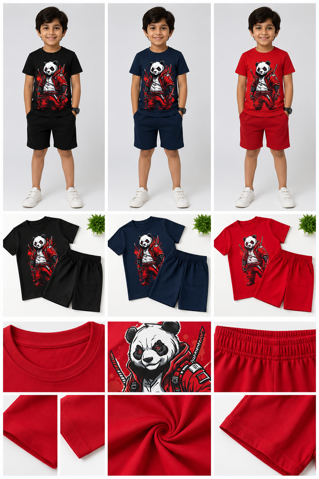 Kids Panda Warrior Printed T-Shirt & Shorts Set | Boys Casual Co-Ord Set