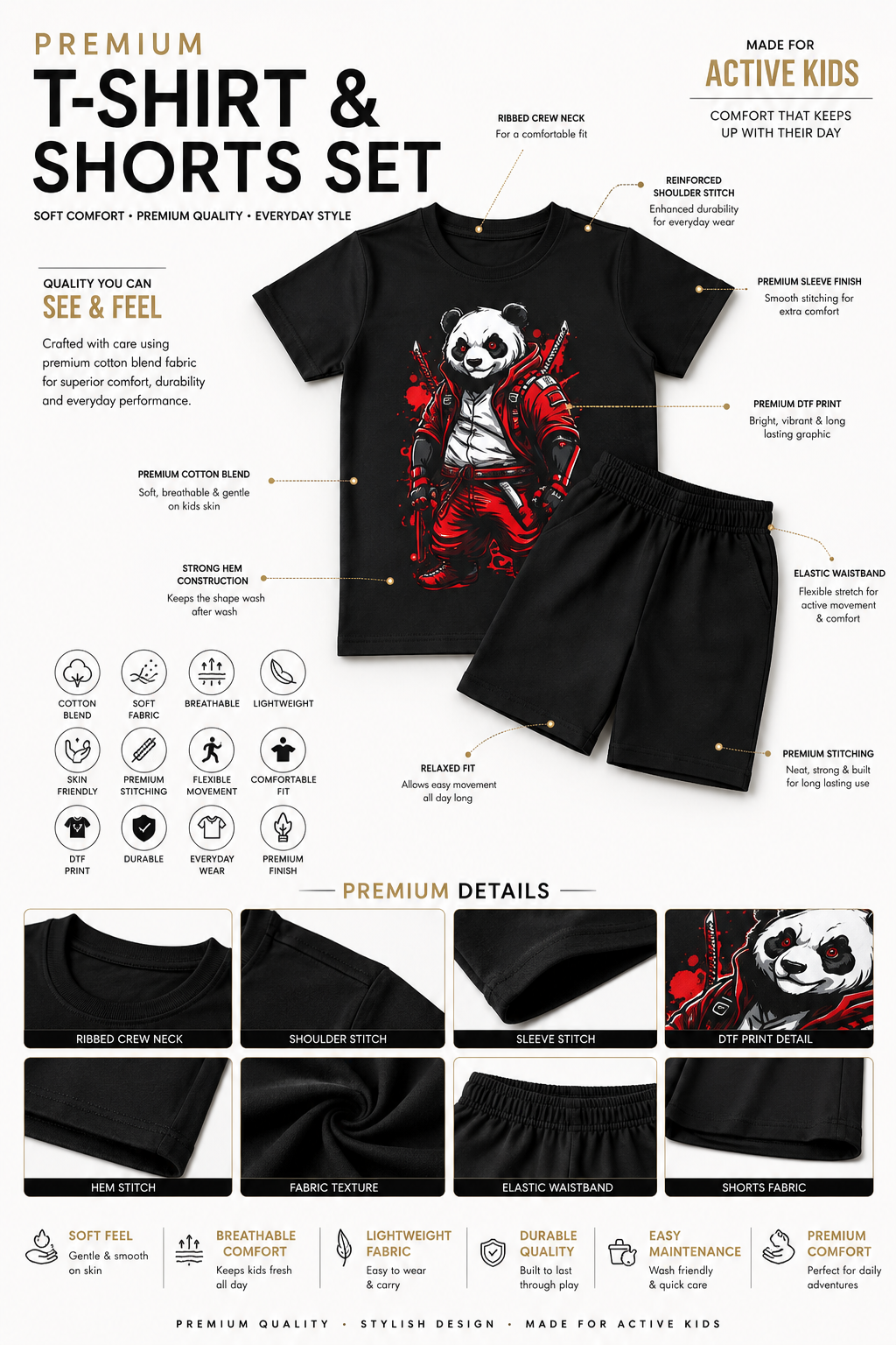 Kids Panda Warrior Printed T-Shirt & Shorts Set | Boys Casual Co-Ord Set
