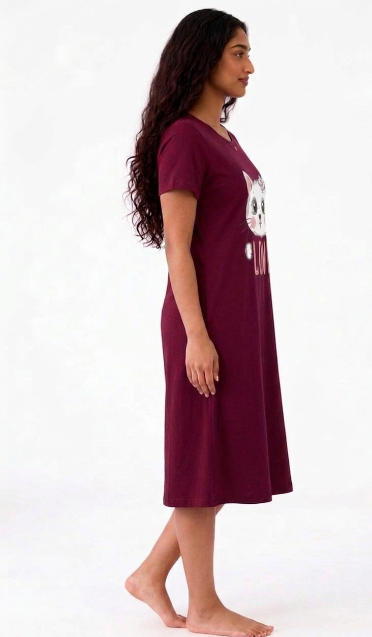 Women's Cute Cat Love Printed Nighty | Soft Comfortable Night Dress for Women