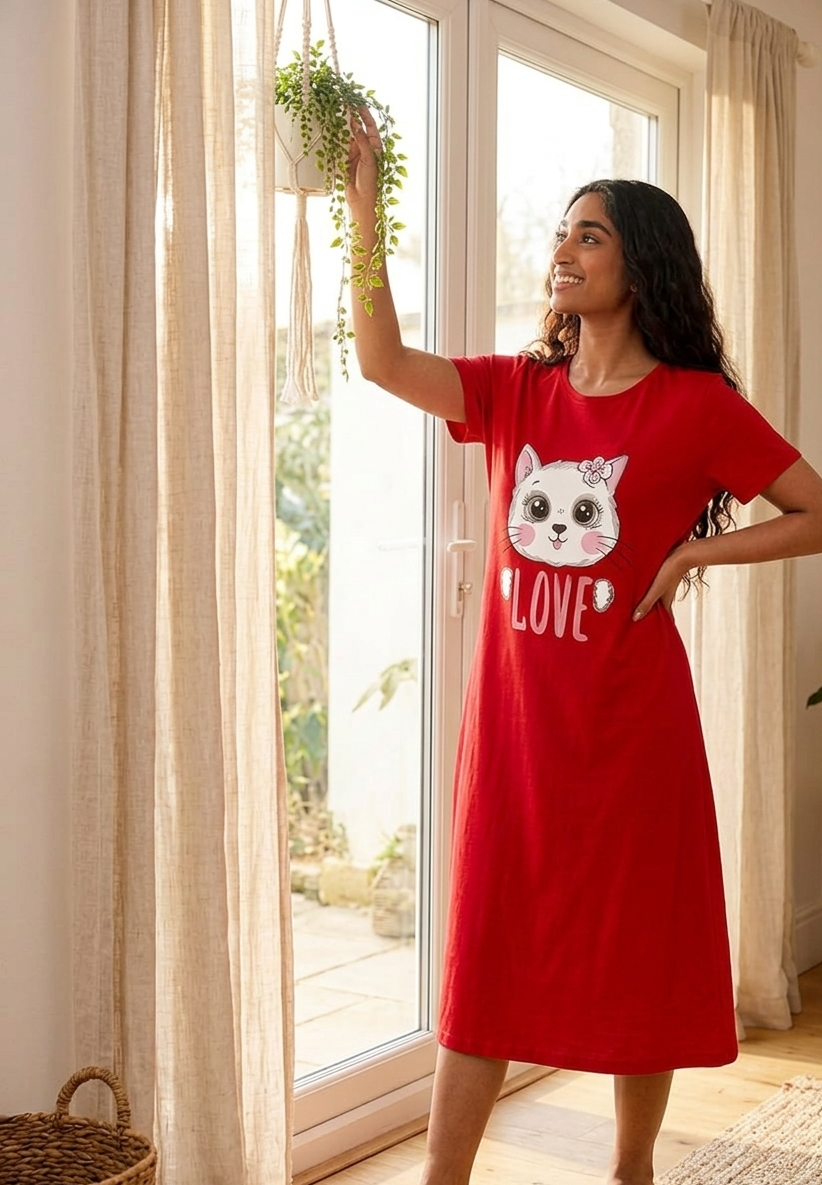 Women's Cute Cat Love Printed Nighty | Soft Comfortable Night Dress for Women