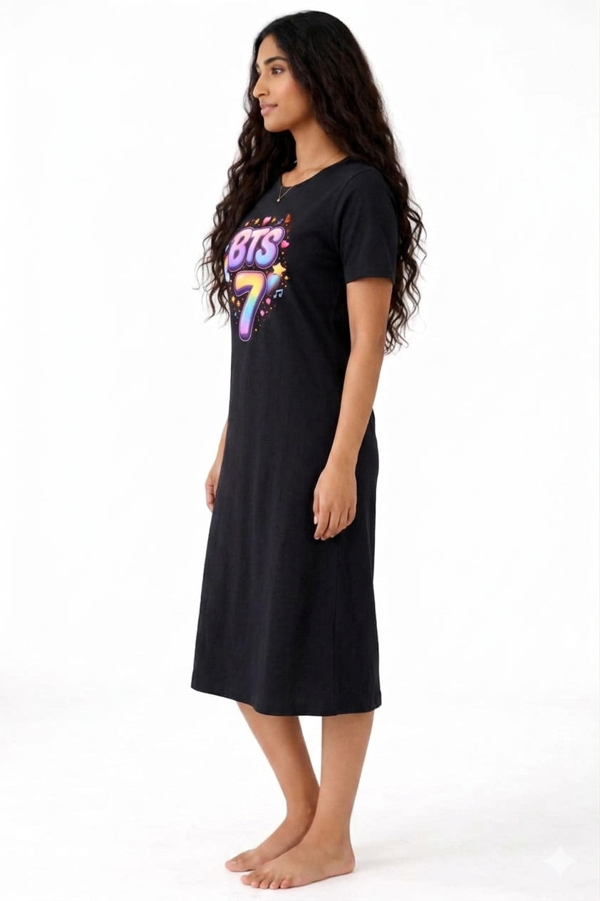 Women's Black BTS 7 Printed Nighty | Stylish Graphic Night Dress | Mahalakshmi Trade