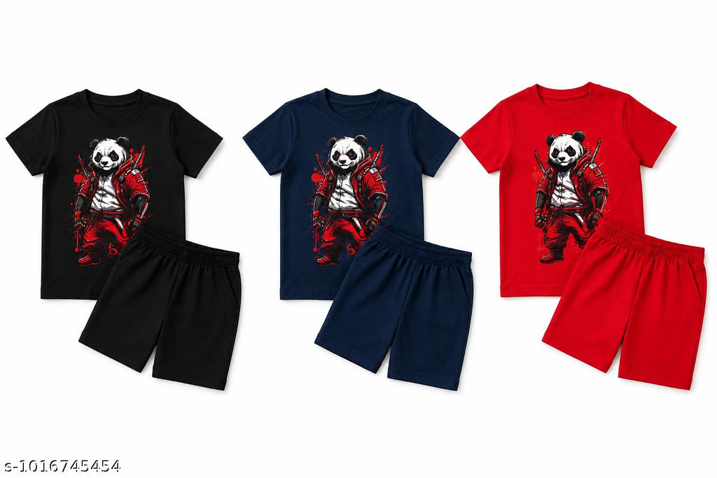 Kids Panda Warrior Printed T-Shirt & Shorts Set | Boys Casual Co-Ord Set